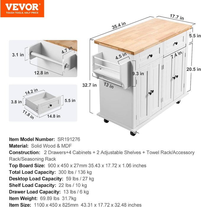 VEVOR Kitchen Island Cart with Solid Wood Top, 35.4" Width Mobile Carts with Storage Cabinet, Rolling Kitchen Table with Spice Rack, Towel Rack, and Drawer, Portable Islands on Wheels, White