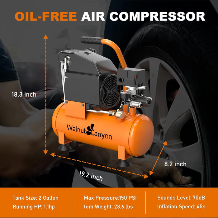 2 Gallon Air Compressor, 1.8 SCFM@90 PSI Air Compressor Portable, 1.1 HP Oil-Free Small Air Compressor Max 150 PSI, 70 dB Quiet Air Compressor for Shop, Garage, Car, Pneumatic Tools