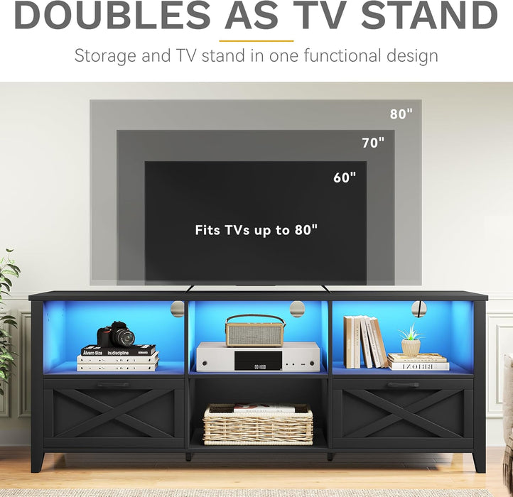 DWVO Farmhouse TV Stand Black 70", LED Light Media Console for TVs up to 80", Entertainment Center with Storage Cabinets & Adjustable Partition for Living Room