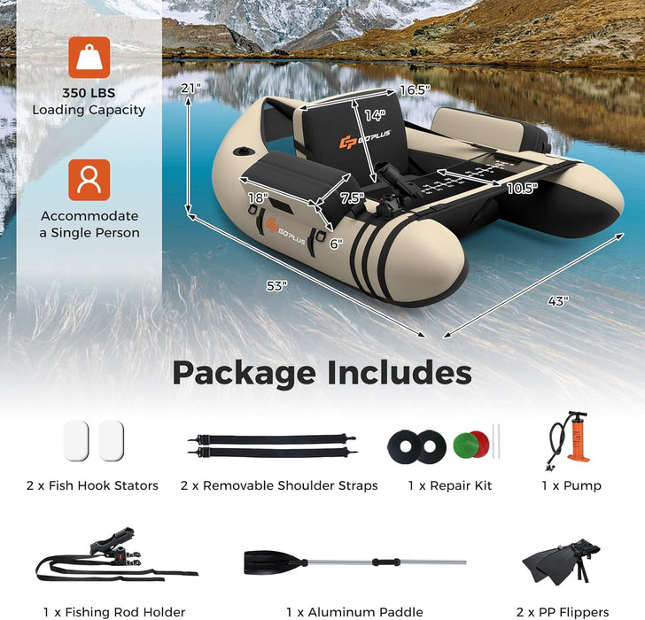 Goplus Inflatable Float Tube, Fishing Float Tube with Paddle, Rod Holder, Flippers, Fish Ruler, Pump, Storage Pockets, Adjustable Straps, 350LBS Load Bearing Capacity Belly Boat