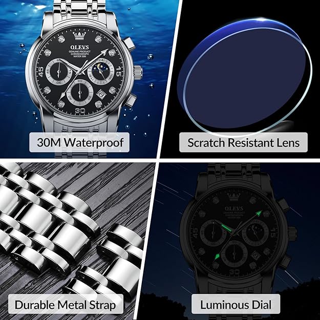 OLEVS Men's Chronograph Watch, Big Face Multi-Functional Easy to Read Stainless Steel Analog Quartz Watch with Date, Luxury Waterproof Luminous Moon Phases Diamond Dial Dress Watch for Men