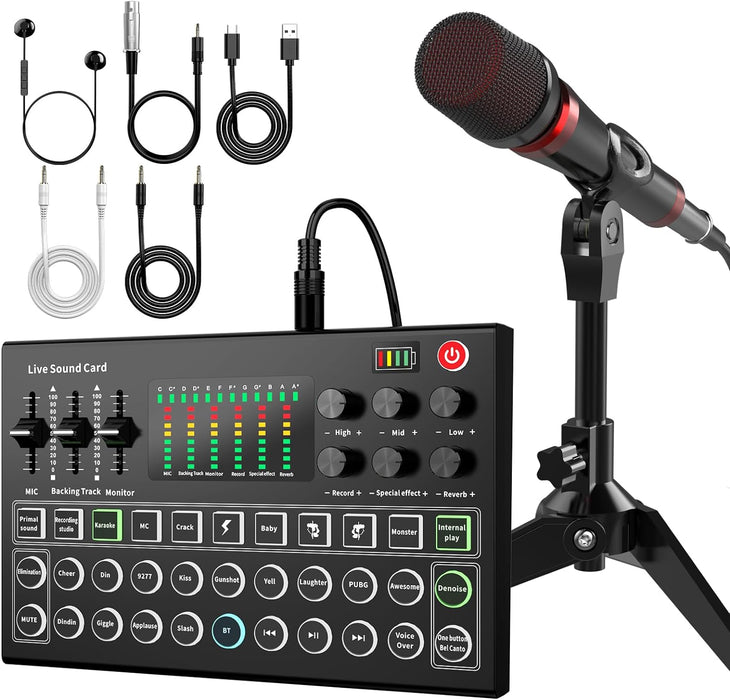 RHM Podcast Equipment Bundle, All-in-One Audio Interface DJ Mixer with broadcast sound 3.5mm Microphone, Tripod Stand, Monitor Earphone, Audio Mixer With Sound card for PC/Laptop/Phone/Podcasting(Red)