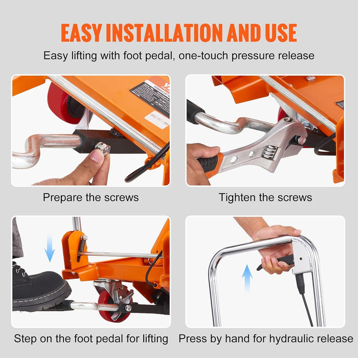 VEVOR TF15 Hydraulic Lift Table Cart, 330lbs Capacity 28.5" with 4 Wheels and Non-Slip Pad, for Material Handling and Transportation, Orange