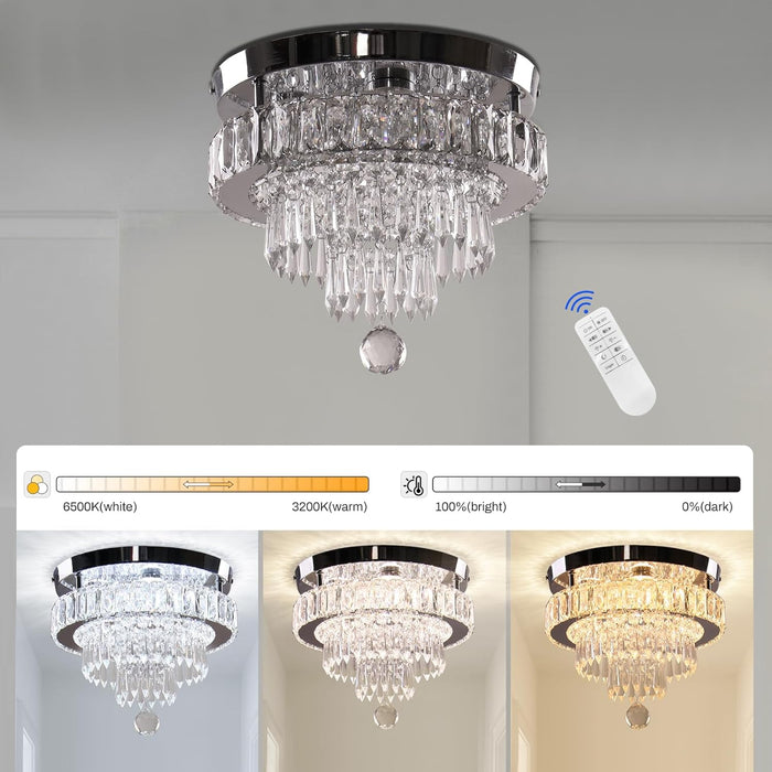 Finktonglan 11.8" Dimmable Crystal Chandelier LED Modern Crystal Ceiling Light, Flush Mount Crystal Chandeliers, 3 Light Colors Adjustable with Remote Control for Bedrooms Living Room Hallway