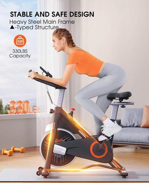 Stationary Exercise Bikes,Magnetic Resistance,Quiet Belt Drive Indoor Stable Cycling Bike 330LBs for Home, Monitor & Phone Mount & Comfortable Seat