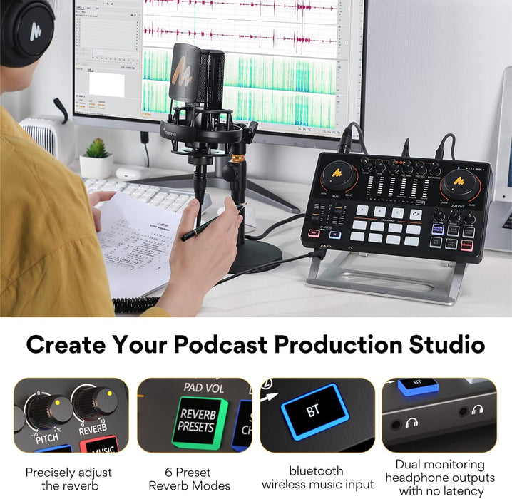 MAONO Audio Interface, MaonoCaster 10-Channel Podcast mixer with Pro-preamp, 48V Phantom Power, Bluetooth, 11 Customize sound pads for Recording, Streaming, Youtube, TikTok, PC, Guitar (AME2)