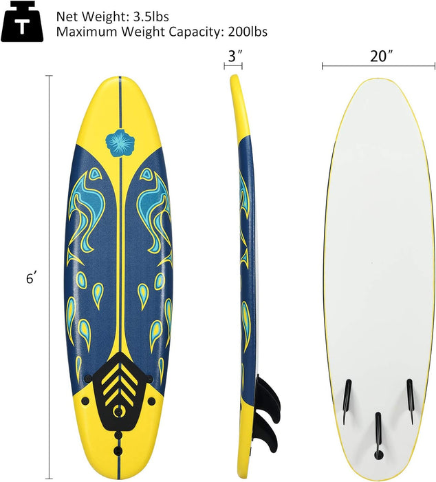 GYMAX Surfboard, 6' Body Board with Removable Fins & Protective Leash, Non-Slip Surfing Board for Surfing, Fishing Water Yoga