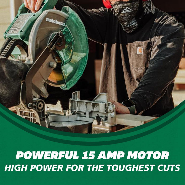 Metabo HPT Compound Miter Saw, 10" Miter Saw with Large Table Saw for woodworking, Power saw with 15-Amp Motor, Accurate Miter Angles, 0-45° Bevel, 24T TCT Miter Saw Blade, Positive Stops, C10FCGS