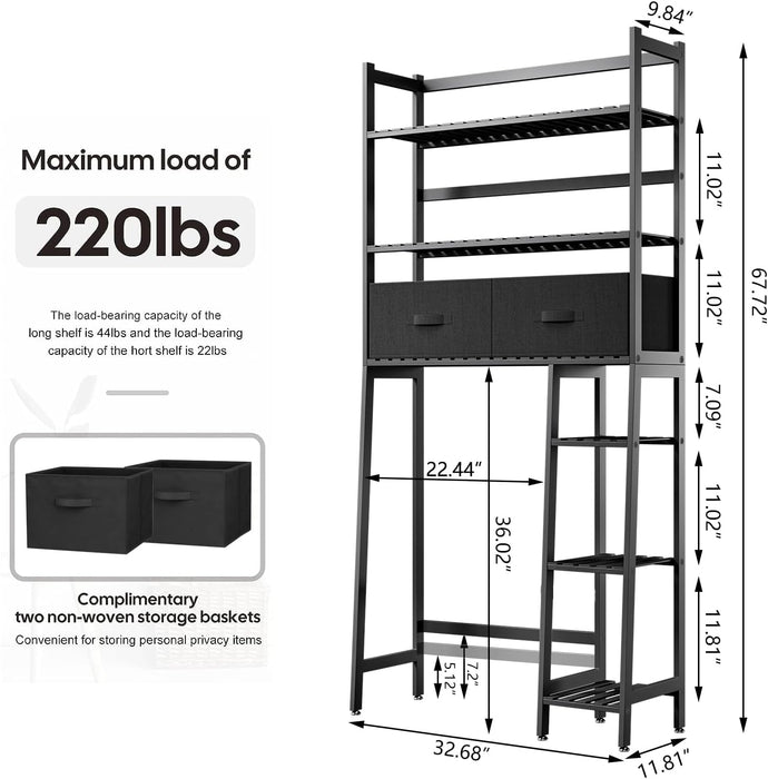 Over The Toilet Storage Shelf - Bamboo Bathroom Organizer with Basket Drawer, Adjustable Shelf and Waterproof Feet Pad - Space Saver Storage Rack for Restroom, Laundry (Black)