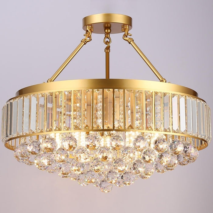 Gold Chandelier,9 Lights E26 Modern Crystal Chandelier Gold Large Round Semi Flush Mount Ceiling Light Fixture Farmhouse Chandelier for Dining Room Living Room Bedroom Kitchen Low Ceiling