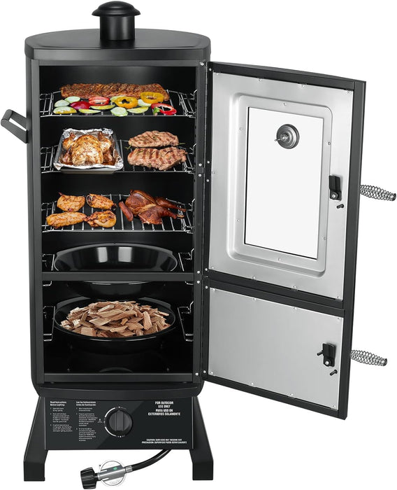 Vertical Propane Smoker with Temperature Control, BBQ Smoker Grill Outdoor Heacy Duty Three Removable Smoking Shelves, Black