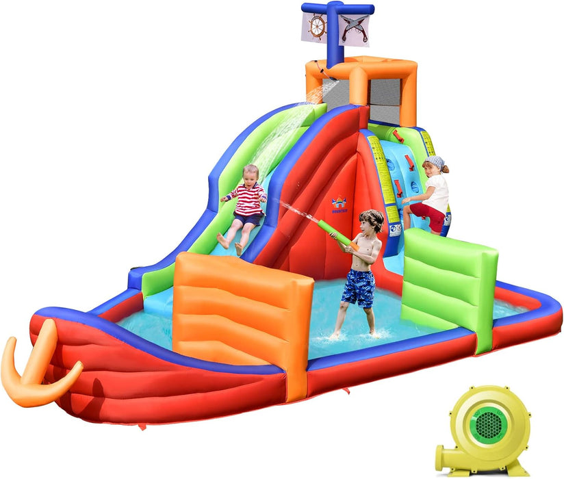 BOUNTECH Inflatable Water Slide, Pirate Ship Waterslide Park for Kids Backyard Fun w/735W Blower, Dart Game, Splash Pool, Blow up Water Slides Inflatables for Kids and Adults Birthday Party Gifts