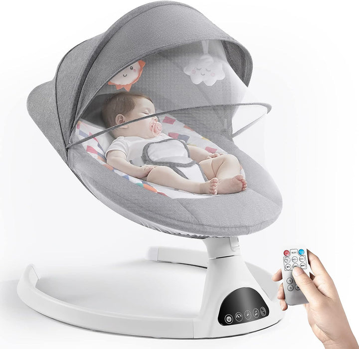 Jaoul Electric Portable Baby Swing for Infants, Newborn, Bluetooth Touch Screen/Remote Control Timing Function 5 Swing Speeds Aluminum Baby Rocker Chair with Music Speaker 5 Point Harness Gray