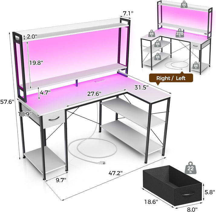 Seventable Gaming Desk with LED Light & Power Outlets, 47 inch Computer Desk with Shelves, Reversible L Shaped Desk with Monitor Stand, Corner Desk for Small Space, White