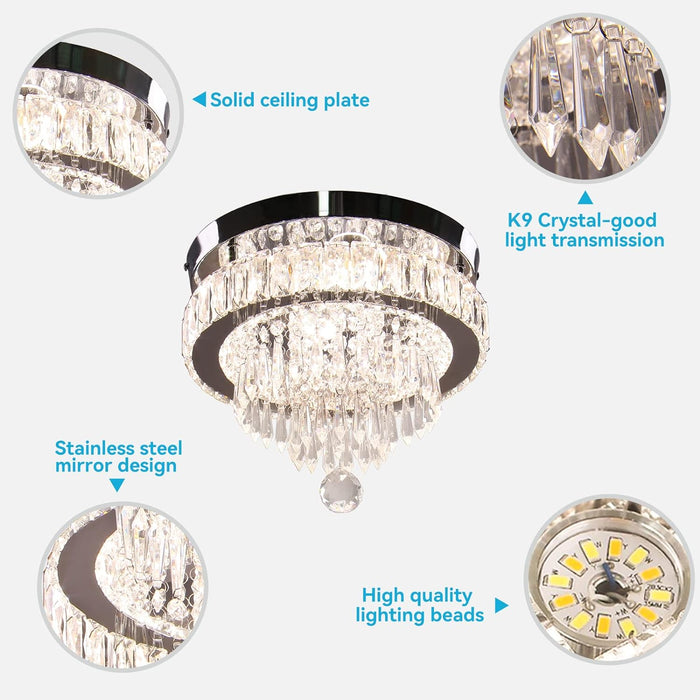 Finktonglan 11.8" Dimmable Crystal Chandelier LED Modern Crystal Ceiling Light, Flush Mount Crystal Chandeliers, 3 Light Colors Adjustable with Remote Control for Bedrooms Living Room Hallway