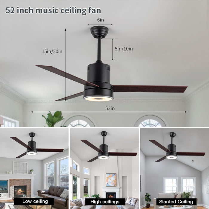 52 Inch Ceiling Fan with RGB Dimming LED Light,with Music Bluetooth Speaker,with Remote Control,3-Speed Regulation, Reversible Motor,Timing,for Living room,Bedroom,Restaurant,Outdoor…