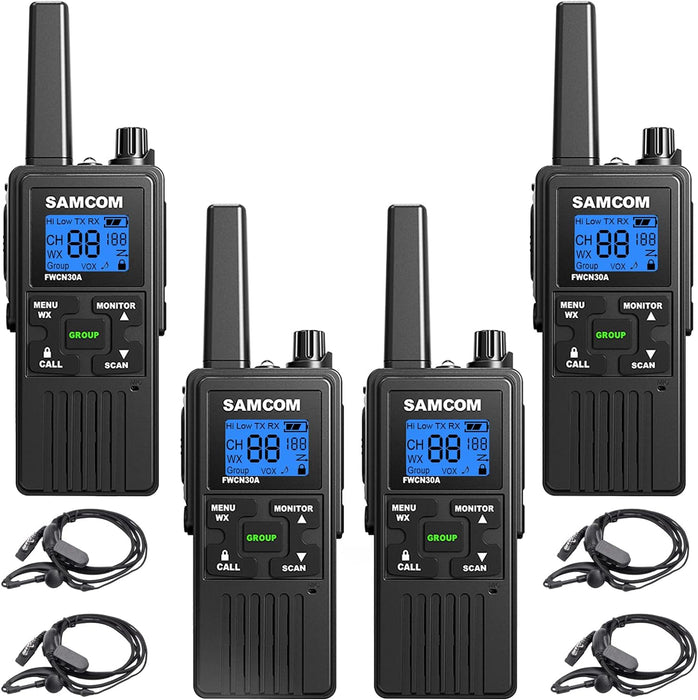 SAMCOM 4 Pack Two Way Radios Long Range Rechargeable Walkie-Talkies for Adults 1250mAh, 2 Way Radios Walkie Talkies with Earpieces Long Distance USB Work Walky Talky NOAA Alert