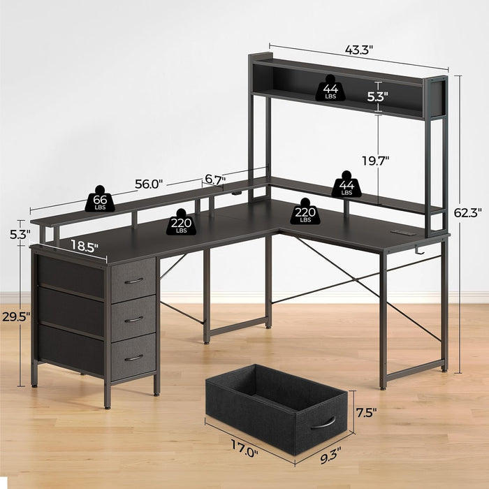 Seventable L Shaped Gaming Desk with Drawers, Reversible Computer Desk with LED Lights & Power Outlet, Home Office Desk with Monitor Stand, Hook, Corner Desk with Storage Shelves, Black