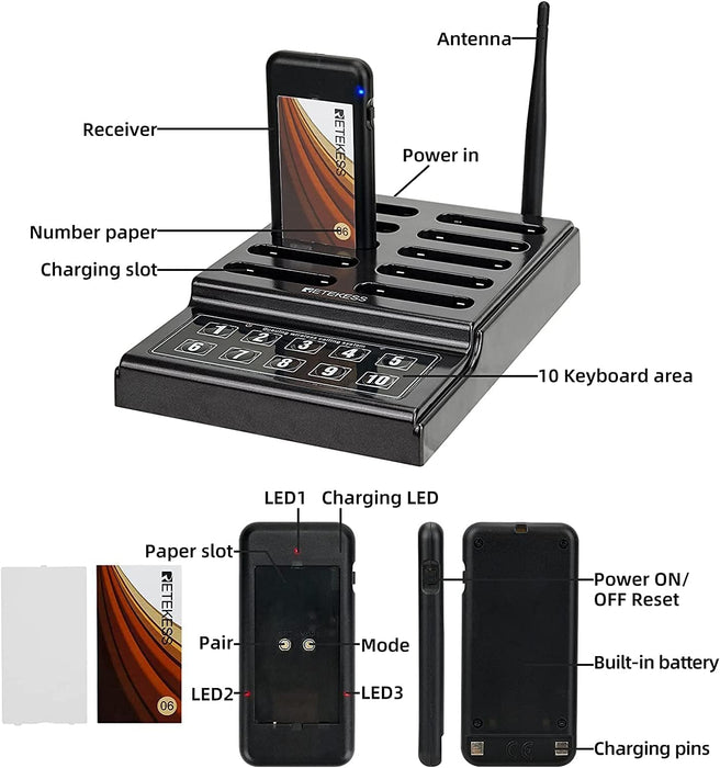 Retekess TD174 Restaurant Pager System,Restaurant Waiting Buzzers,Set with Vibration,Flashing and Buzzer,Close Reminder,10 Guest Pagers for Food Truck,Church Nursery