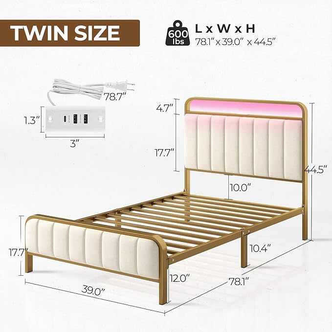 Rolanstar Twin Size Bed Frame with LED Light and Charging Station, Upholstered Headboard and Footboard, Metal Slat, Noise Free, Easy Assembly, Golden