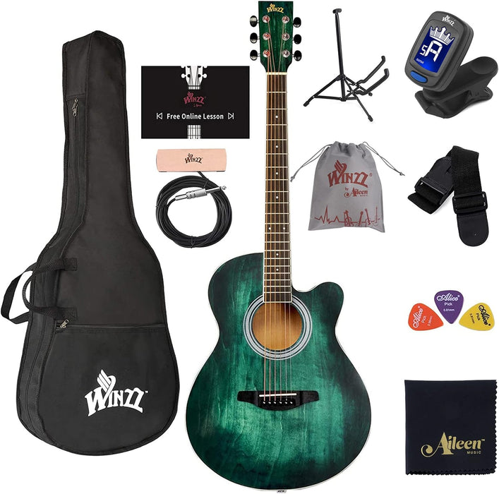 WINZZ HAND RUBBED Series - 40 Inches Cutaway Acoustic Acustica Guitar Beginner Starter Bundle with Online Lessons, Padded Bag, Stand, Tuner, Pickup, Strap, Picks, Dark Hunter Green