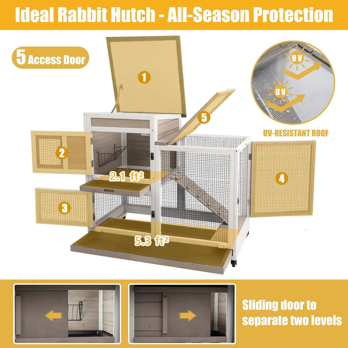 Gowoodhut 40"L Rabbit Hutch Indoor Wooden Large Bunny Hutch Outdoor 2 Story Rabbit Cage on 4 Metal Wheels with Run and 2 Deeper Pull Out Trays UV Panel