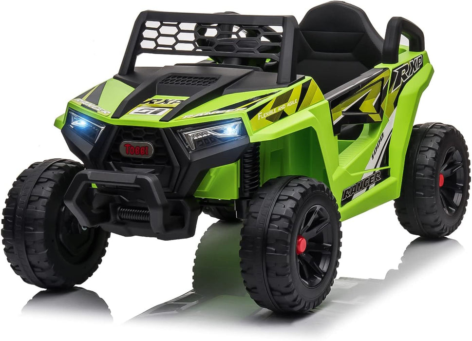 TOBBI 12V Kids Ride on Car, Electric Off-Road UTV Truck with Forward and Reverse Functions, Double Open Doors, Safety Belt, Horn, Music, and Lights for Kids Aged 3-5 Years (Fluorescent Green)