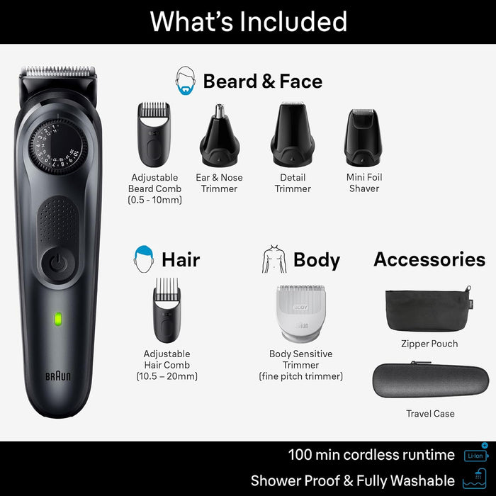 Braun All-in-One Style Kit Series 5 5470, 8-in-1 Trimmer for Men with Beard Trimmer, Body Trimmer for Manscaping, Hair Clippers & More, Ultra-Sharp Blade, 40 Length Settings, Waterproof