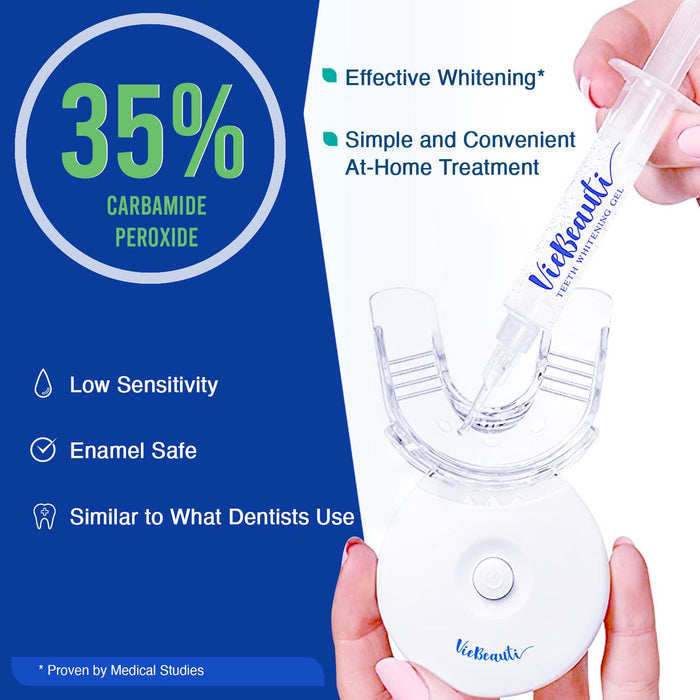 VieBeauti Teeth Whitening Kit - 5X LED Light Tooth Whitener with 35% Carbamide Peroxide, Mouth Trays, Remineralizing Gel and Tray Case - Built-in 10 Minute Timer Restores Your White Smile