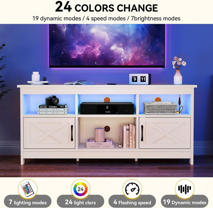 DWVO Farmhouse TV Stand for TVs Up to 65 Inch,, Modern Entertainment Centre with Power Outlet, TV Shelf with Storage Cabinet, Television Stands for Living Room, Media Console, 59" White