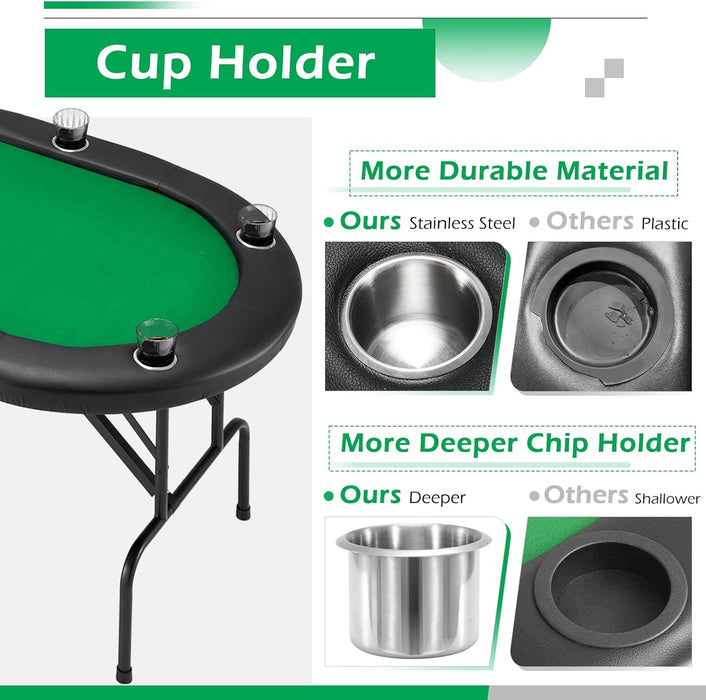 ECOTOUGE Poker Table Foldable, 8 Players Gaming Table w/Stainless Cup Holder & Portable Storage Bag, Folding Oval Blackjack Table for Texas Casino Leisure Game, No Assembly Required, Green