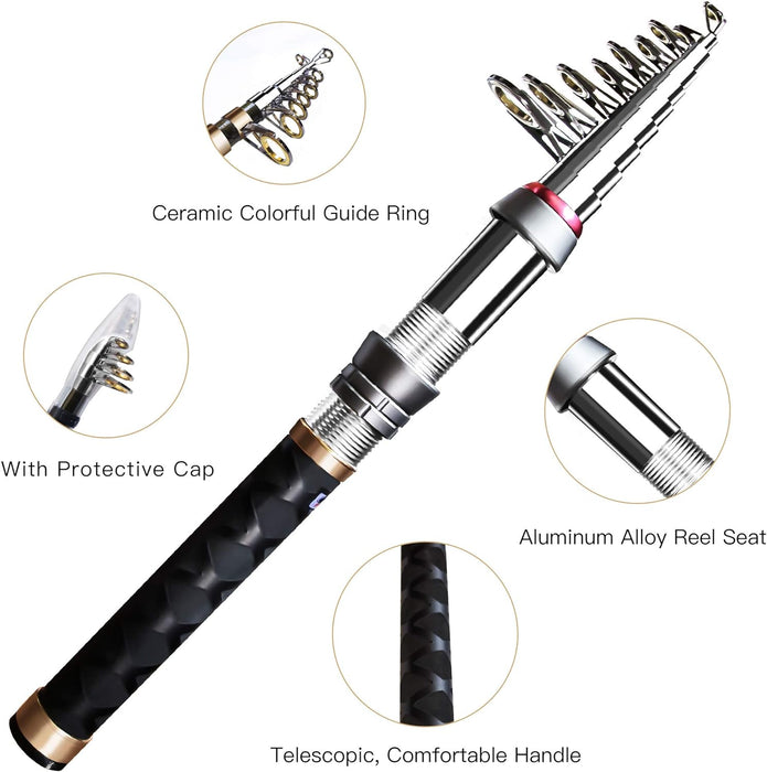 Ehowdin Fishing Pole Kit, Carbon Fiber Telescopic Fishing Rod and Reel Combo with Spinning Reel, Line, Bionic Bait, Hooks and Carrier Bag, Fishing Gear Set