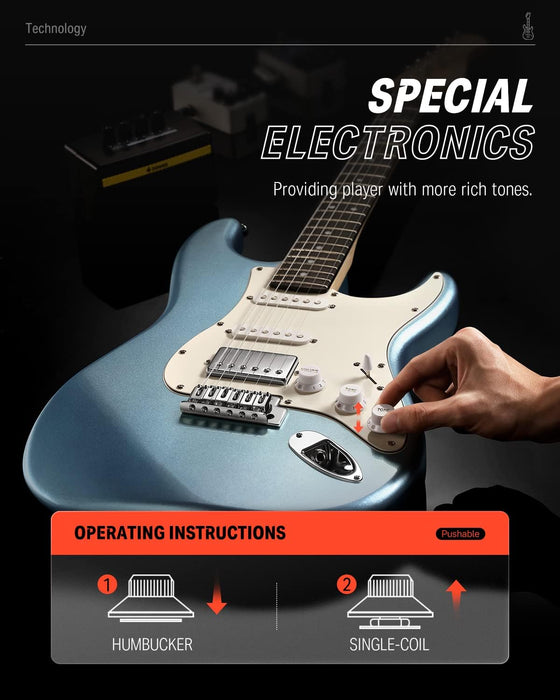 Donner DST-152R Electric Guitar, 39" Beginner Electric Guitar Kit, HSS Pickup with Coil Split, Guitar Starter Set with Amp, Bag, All Accessories, Metallic Ice Blue