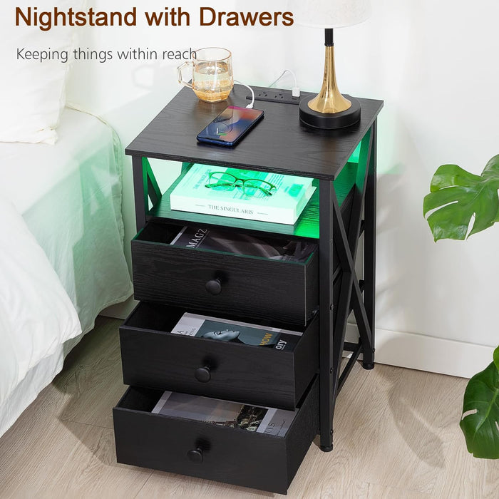 AMHANCIBLE Night Stand Set 2, LED Nightstand with Charging Station, End Side Tables with USB Port & Outlet, Bedside Table with Fabric Drawers for Bedroom Living Room, Black, HET053LBK