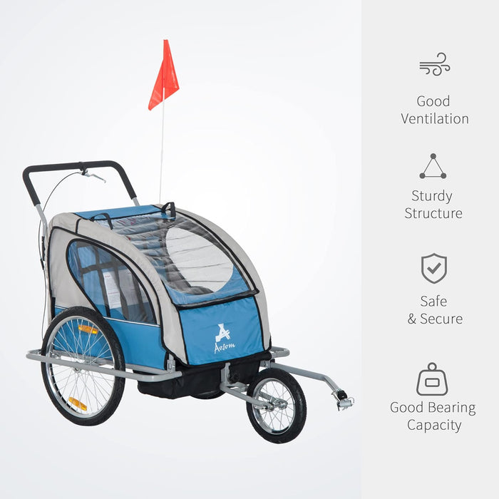 Aosom Elite Three-Wheel Bike Trailer for Kids Bicycle Cart for Two Children with 2 Security Harnesses & Storage