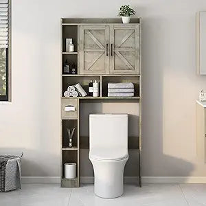 Over The Toilet Storage Cabinet, Farmhouse Storage Cabinet Over Toilet with 2 Barn Door & Toilet Paper Holder Stand，Home Space-Saving Toilet Rack, for Bathroom, Restroom, Laundry