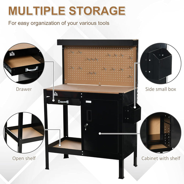 HOMCOM Multipurpose Workbench, Workshop Tool Table with Slide Drawer. Peg Board, Storage Cabinet with Keys