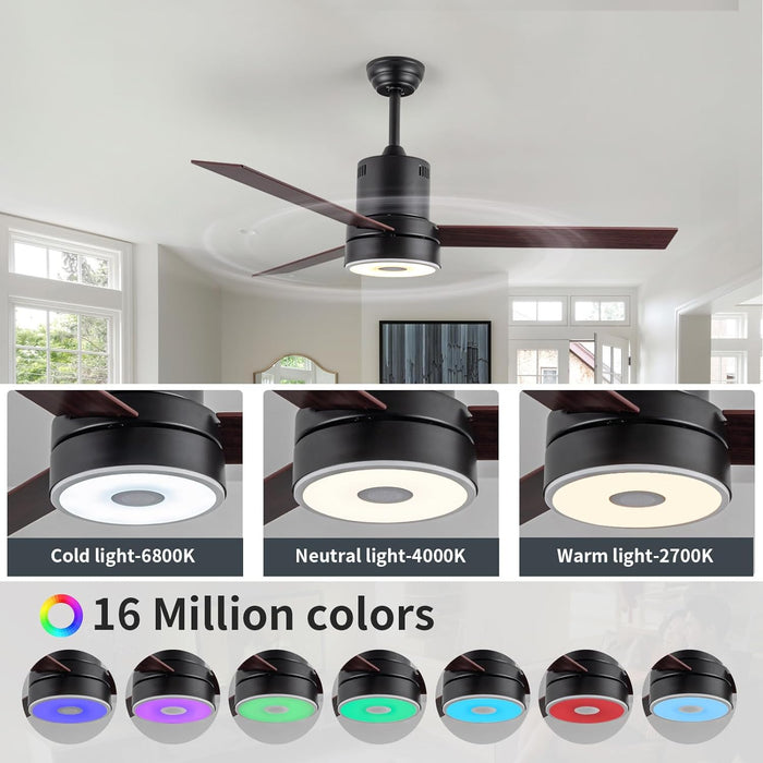 52 Inch Ceiling Fan with RGB Dimming LED Light,with Music Bluetooth Speaker,with Remote Control,3-Speed Regulation, Reversible Motor,Timing,for Living room,Bedroom,Restaurant,Outdoor…