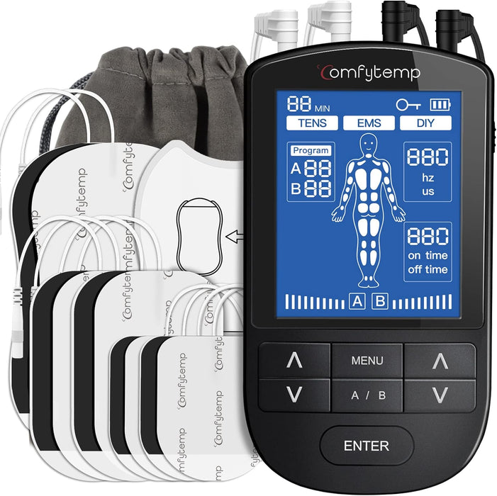 Comfytemp 4 Outputs TENS Unit Muscle Stimulator for Pain Relief, Unlimited Mode (24 Modes with DIY) EMS TENS Stim Machine Back Pain Relief Products for Neck, Sciatica, Shoulder, Shock Therapy, 10 Pads