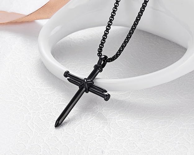 Rehoboth Men's Stainless Steel Nail Cross Pendant Necklace With 24 Inch Chain Polished Black Gold Silver