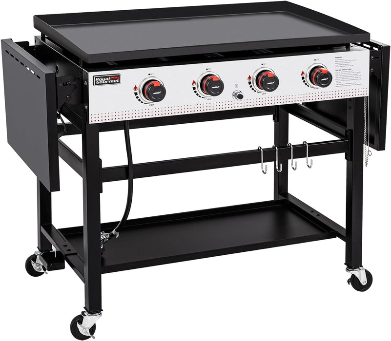 Royal Gourmet GB4002 4-Burner Flat Top Gas Grill with Folding Side Tables, 36-Inch Propane Griddle Station for Outdoor BBQ Events, Camping and Barbecue, Black