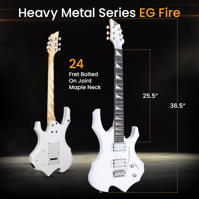 Pyle Heavy Metal EG Fire Electric Guitar Axe w/ Amplifier Kit, Full Size Instrument w/ Practice Amp & Accessories, White Matte