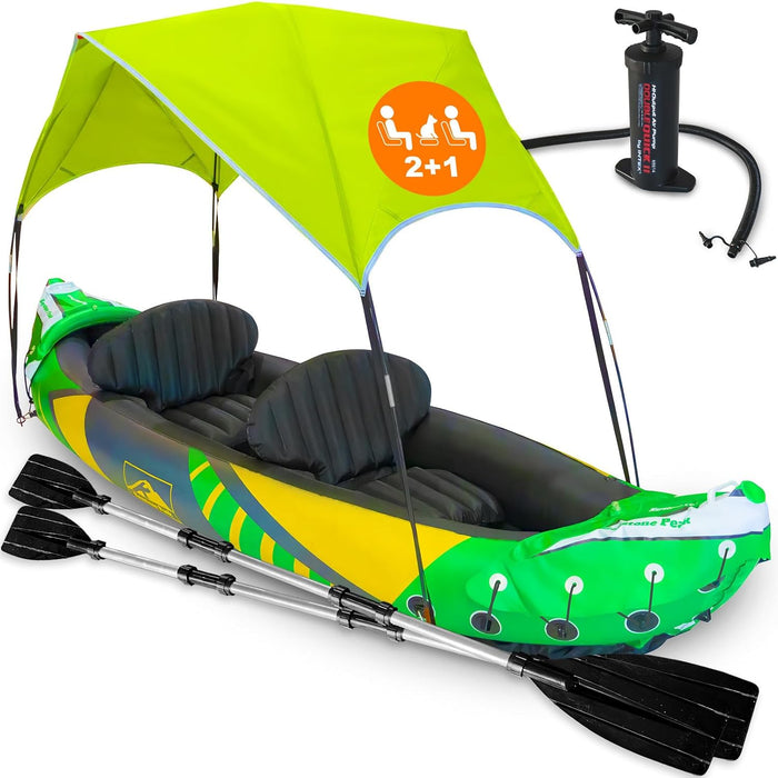KP Inflatable Kayak 2 Person with Sun Canopy (Detachable) + Kayaks for Adults + 3rd Seat for Dog/Child + Waterproof Phone Bags + Adjustable Seats + Backrests + More + New 2024