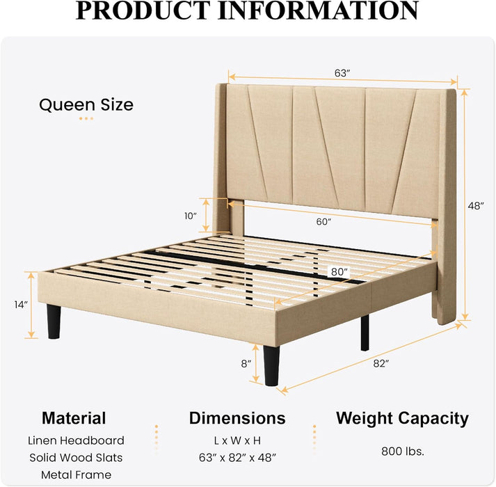 SHA CERLIN Queen Size Bed Frame with Geometric Wingback Headboard, Upholstered Platform Bed with Wooden Slats Support, 8" Under-Bed Space,Noise-Free,No Box Spring Needed,Easy Assembly, Beige