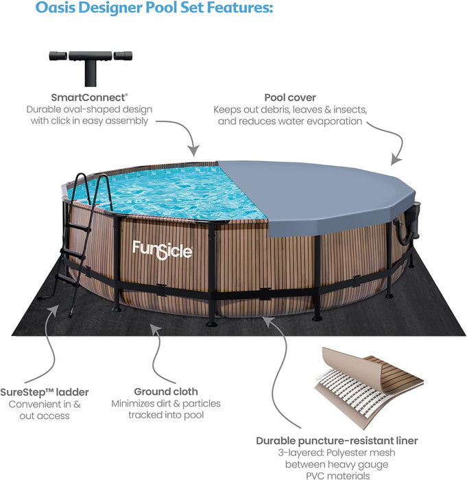 Funsicle 14 Foot x 42 Inch Oasis Designer Outdoor Round Above Ground Swimming Pool with SkimmerPlus Filter Pump, Ladder, and Pool Cover, Natural Teak