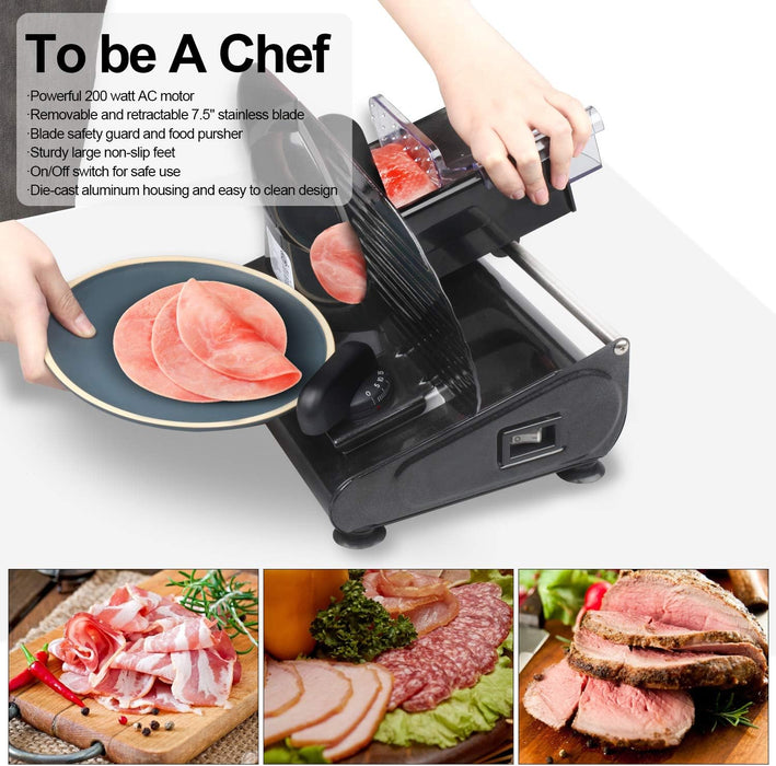 Meat Slicer,CUSIMAX Electric Deli Meat Slicer for Home,2 Removable 7.5''Stainless Steel Blades and Pusher,1-15mm Adjustable Thickness Food Slicer Easy for Cut Meat,Cheese,Bread