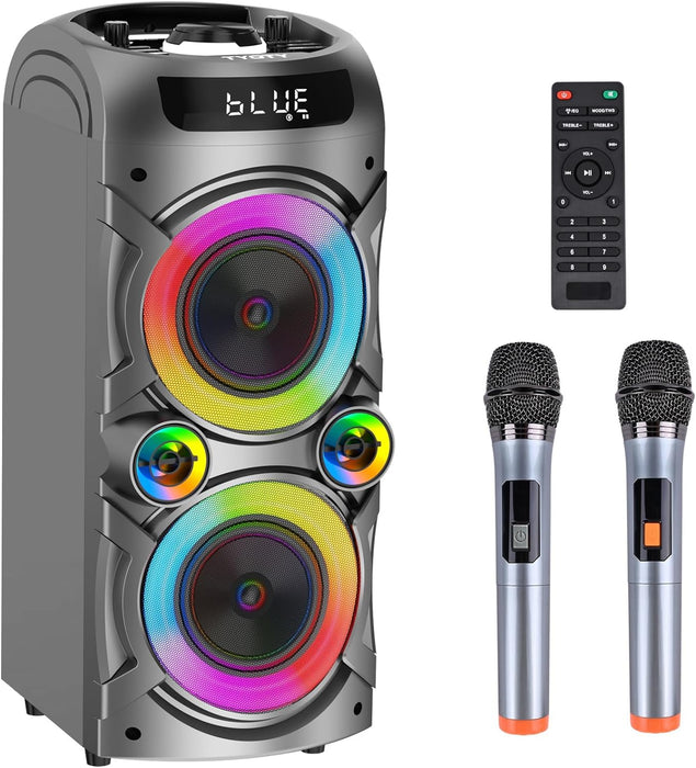 Karaoke Machine with 2 Wireless Microphones, Portable PA System Big Bluetooth Speaker with LED Lights, Remote Control Support Bass/Treble Adjustment, TF Card/USB, REC for Adult Kids Home Party