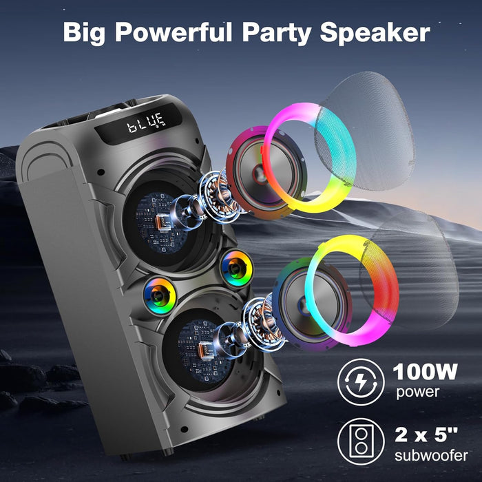 Karaoke Machine with 2 Wireless Microphones, Portable PA System Big Bluetooth Speaker with LED Lights, Remote Control Support Bass/Treble Adjustment, TF Card/USB, REC for Adult Kids Home Party