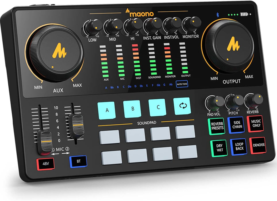 MAONO Audio Interface, MaonoCaster 10-Channel Podcast mixer with Pro-preamp, 48V Phantom Power, Bluetooth, 11 Customize sound pads for Recording, Streaming, Youtube, TikTok, PC, Guitar (AME2)