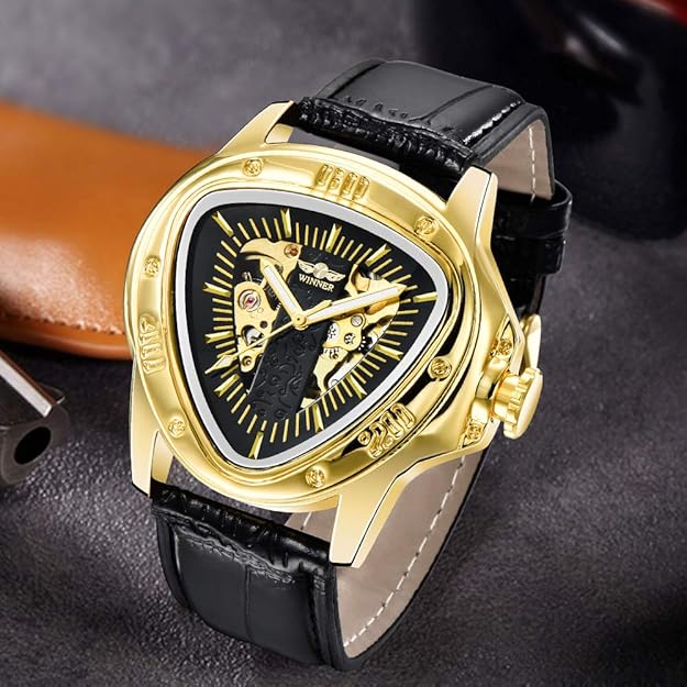 Triangle Golden Skeleton Watch for Men Mechanical Automatic Wristwatch Sport Silver Stainless Steel Mens Watches